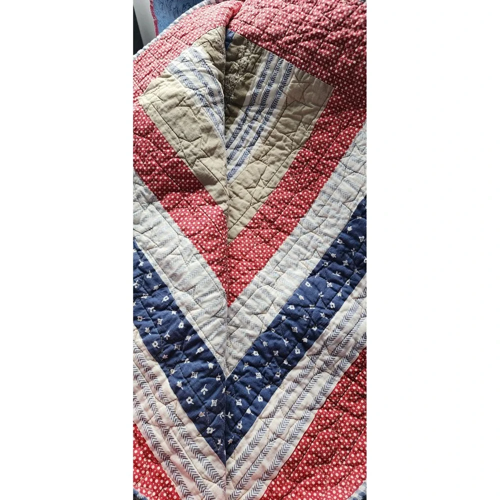 Martha Stewart Quilt Set Full Queen Red White Blue Americana Striped Star Cotton